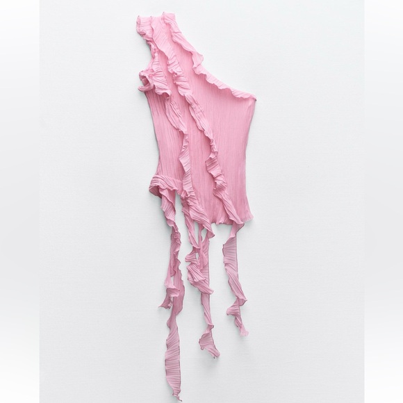 Zara ruffled pleated asymmetric top Pink NWT - Picture 4 of 6